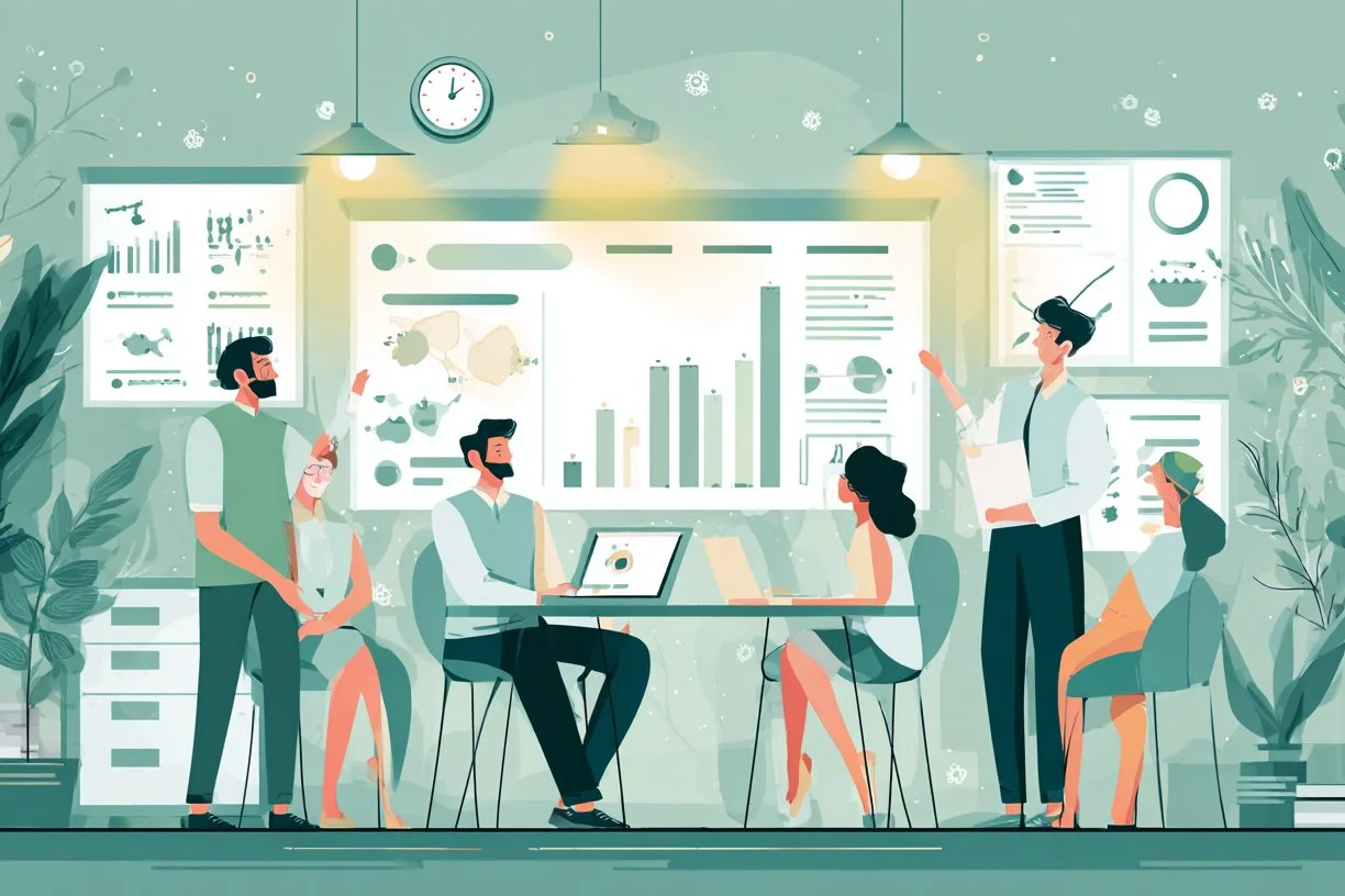 Illustration of friendly fintech team working together on financial data and charts