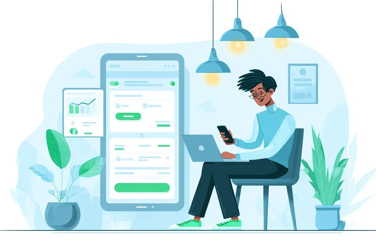 Illustration of person applying for a loan online with fintech app interface